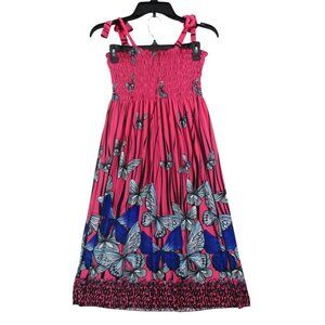 Butterfly Print Pink Smocked Maxi Dress With Adjustable Straps Size - M